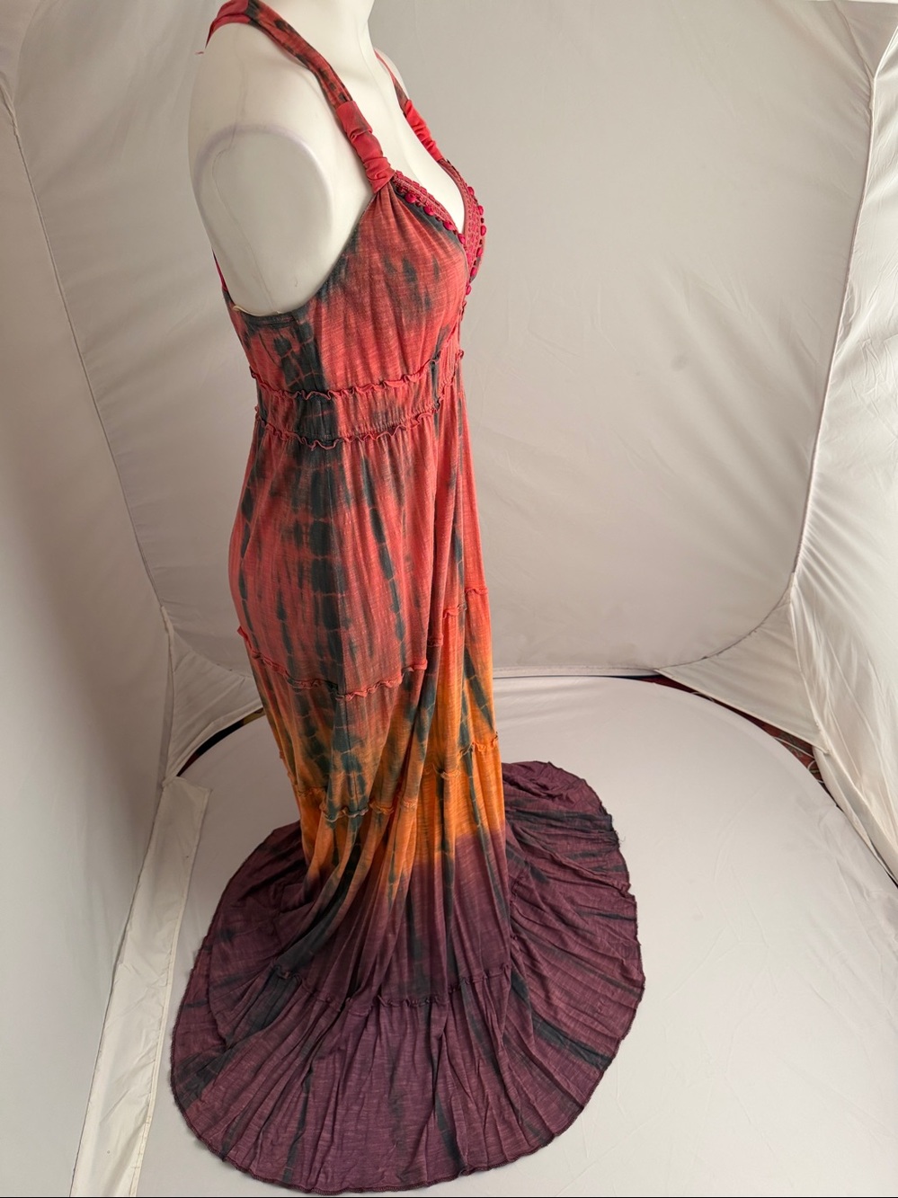 Hale Bob Cabana multicolor pink orange purple tie-dye beaded halter maxi dress M - Picture 2 of 10